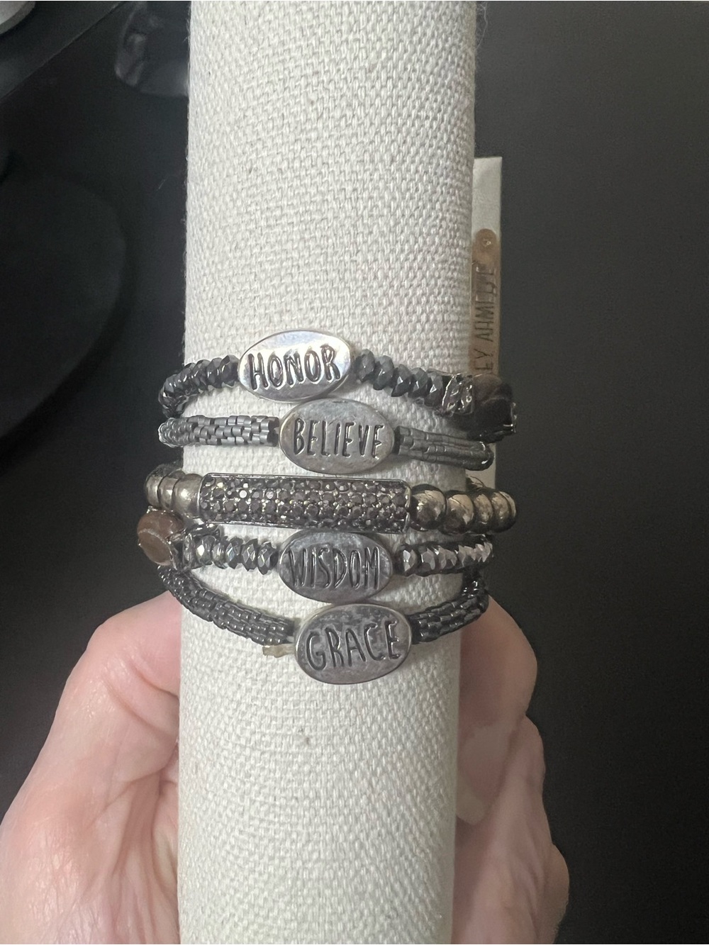 Set of 5 - Stackable Good Works Bracelets Silver-Tone - 2 sayings on 4, 1 other.